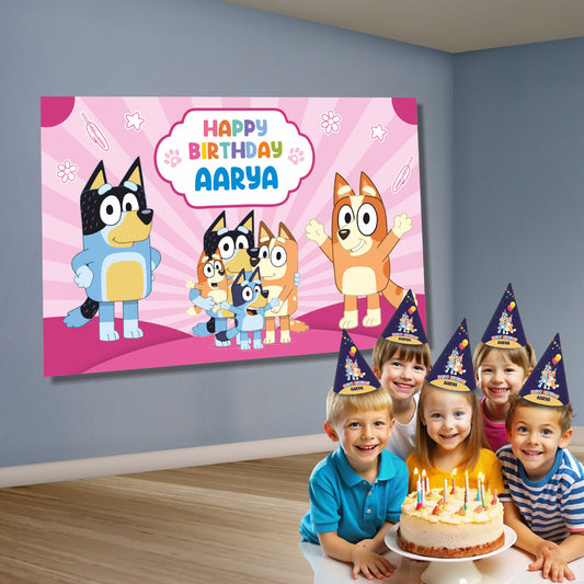 Fully customized Bluey theme party backdrop for kids birthday decoration