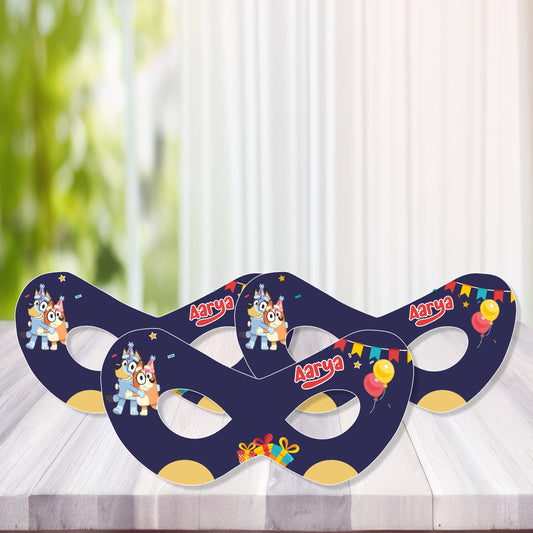 Kids wearing Bingo orange personalized eye mask at birthday party – custom name return gift India