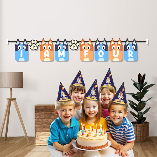 Bluey theme birthday age number bunting displayed on a party wall showing child's milestone birthday year, Bluey and Bingo character flag banner – BluParty India