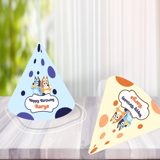 Kids wearing customized Bluey birthday hats with name printed – guest pack for birthday party India