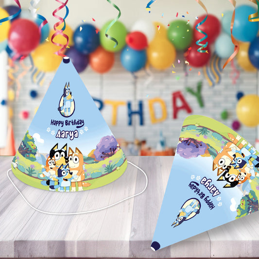 Kids wearing Bluey and Bingo cone party hats at birthday celebration India