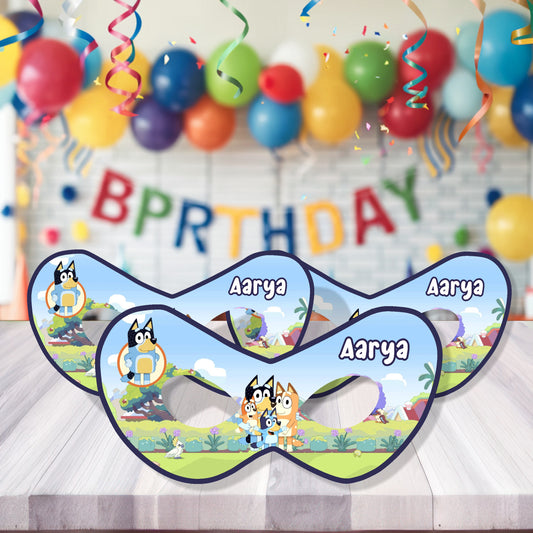 Bluey blue and Bingo orange personalized birthday eye masks for kids party return gift India