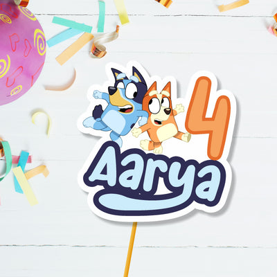 Personalised Bluey birthday cake topper with Bluey and Bingo character artwork and child's name, premium cardstock cake decoration for kids birthday party – BluParty India