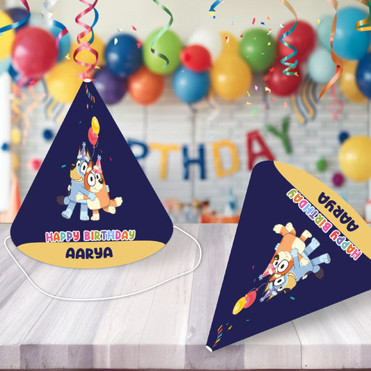 Birthday child wearing personalized Bluey cone hat with their name – birthday party India
