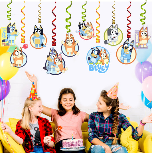 Bluey classic solo character hanging spiral swirls displayed on a birthday party ceiling above cake table, iconic Bluey birthday decoration – BluParty India