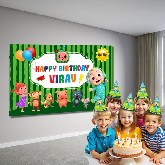 Personalised Cocomelon birthday backdrop with nursery scene design displayed at a 1st birthday party decoration setup, custom flex print party banner – BluParty India