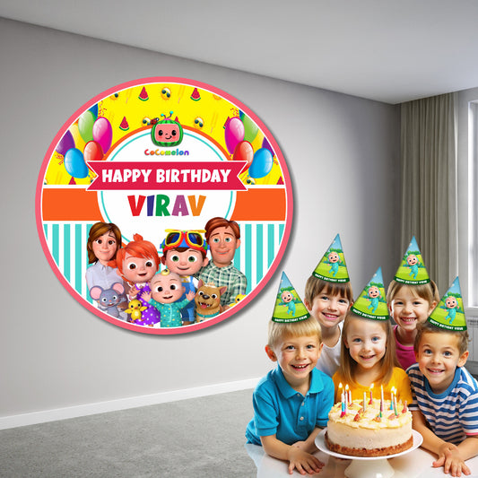 Personalised Cocomelon custom round backdrop with full JJ family character artwork displayed at a birthday party decoration setup, circular flex print party banner – BluParty India