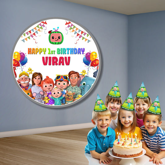 Personalised Cocomelon round backdrop displayed at a 1st birthday party decoration setup, circular Cocomelon party banner on flex print – BluParty India