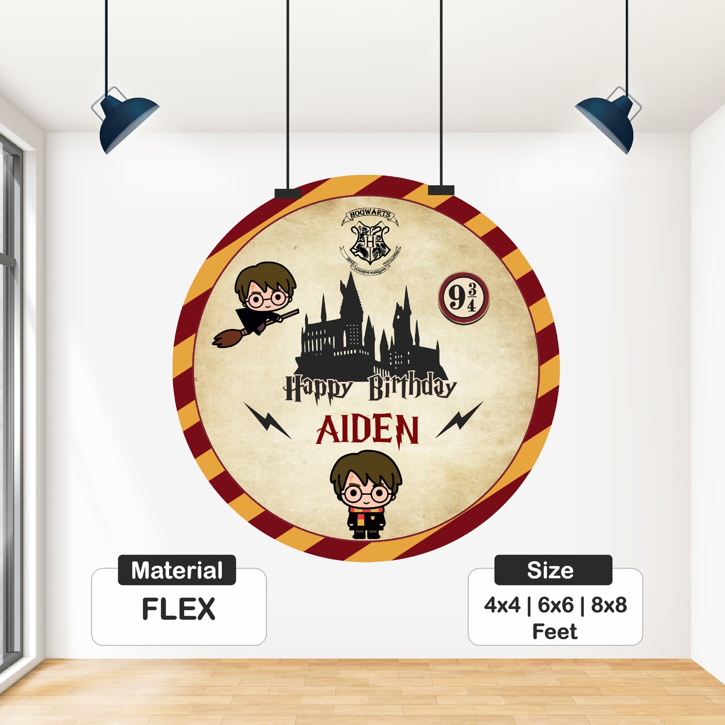 Close-up of Harry Potter theme customized round birthday backdrop showing Hogwarts wizarding motifs with personalized name and birthday number printed in high resolution on matte flex material India
