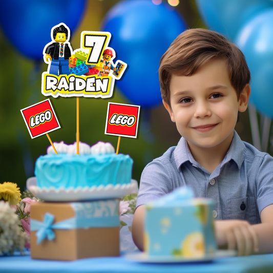 Customized Lego birthday cake topper with event details inserted on a decorated birthday cake for a themed kids party in India