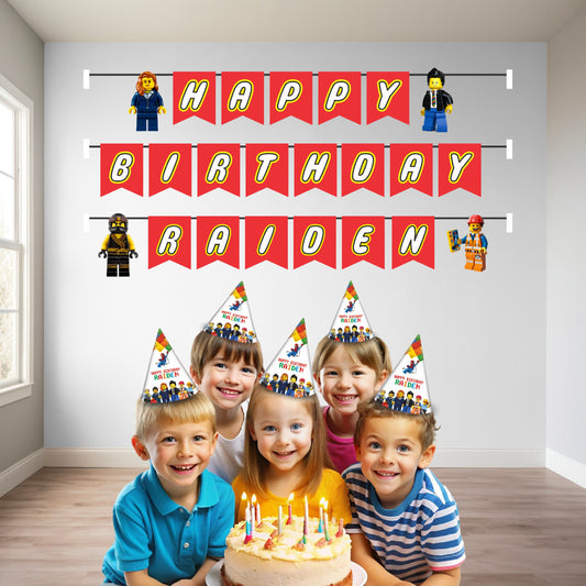 Lego Personalized Birthday Bunting Hung on Backdrop Wall Kids Party India
Alt Text: Personalized Lego theme happy birthday bunting with child name hung on birthday party backdrop wall decoration kids party India
