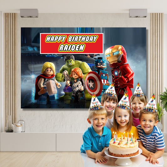 Close-up of BluParty Lego Marvel birthday backdrop design showing Spider-Man and Iron Man minifigure artwork in vibrant red gold and blue Avengers colour palette
