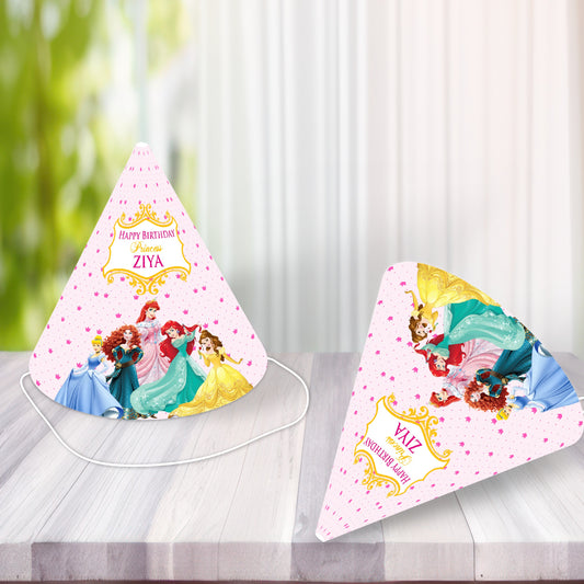 Personalized princess birthday cap with elastic chin strap for kids and guests at birthday party available in pack of 5 and 10 India