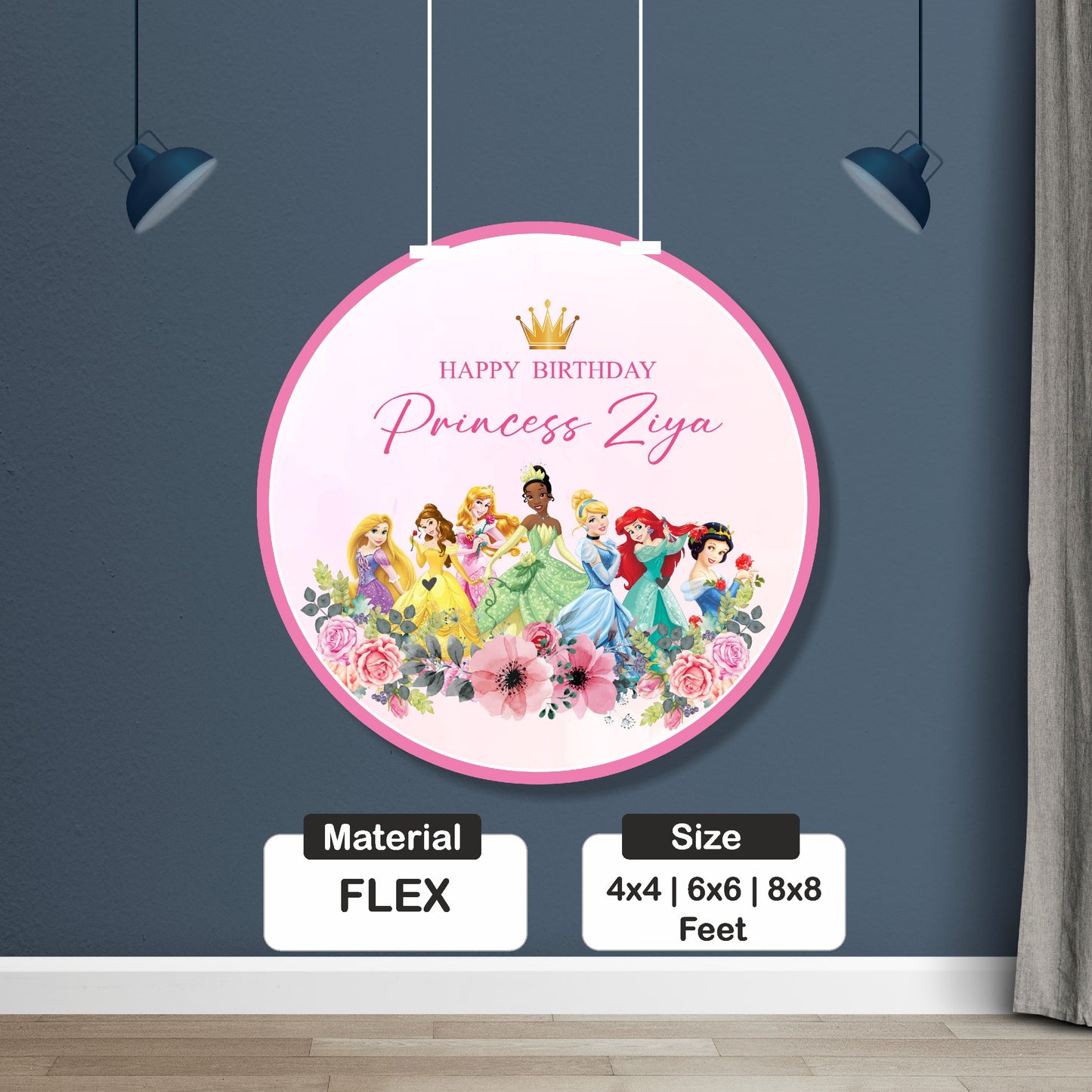 Personalized princess theme round birthday backdrop with name and photo for photo booth setup and girls birthday party decoration across India