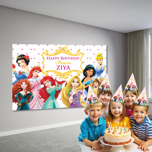 Princess theme birthday backdrop set up on wall at a girls home birthday party in India showing full princess design with personalised name printed in HD colour