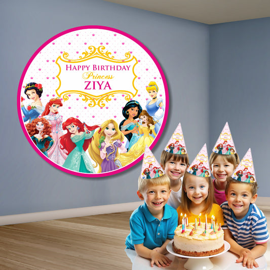 Custom princess birthday circle banner with child name available in 4x4 6x6 and 8x8 feet for photo booth and cake table decoration