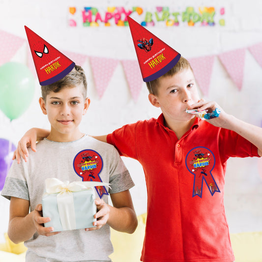 Spider-Man Birthday Badges birthday party badges showing red round badge faces with character artwork and ribbon-shaped tails, gallery image 2
