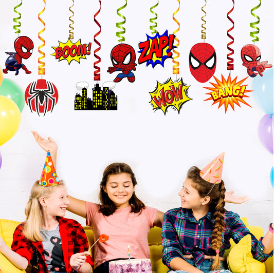 Spider-Man Comic Hanging Swirls hanging birthday swirls showing spiral hangers with mask motifs, spider symbols and comic bursts, gallery image 2