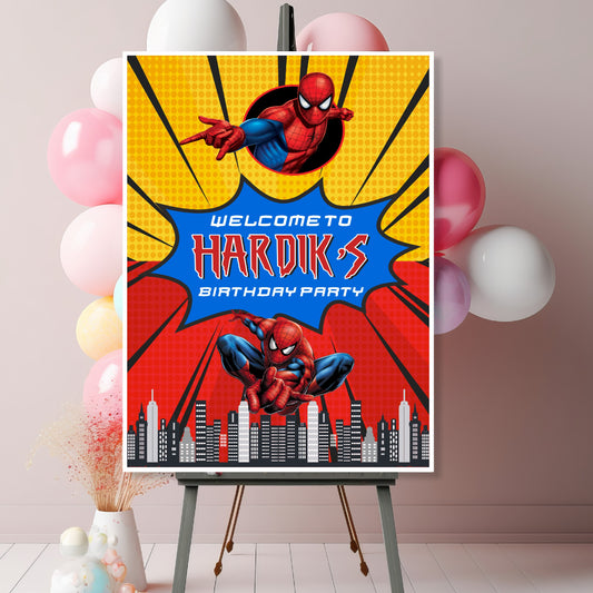 Spider-Man Yellow Comic Welcome Board birthday welcome board showing a yellow comic background above a red-and-blue action scene, gallery image 2