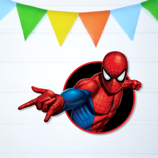 Spider-Man Comic Circle BP 12 birthday character cutout showing a red-and-blue comic hero reaching forward from a dark circular field, gallery image 2