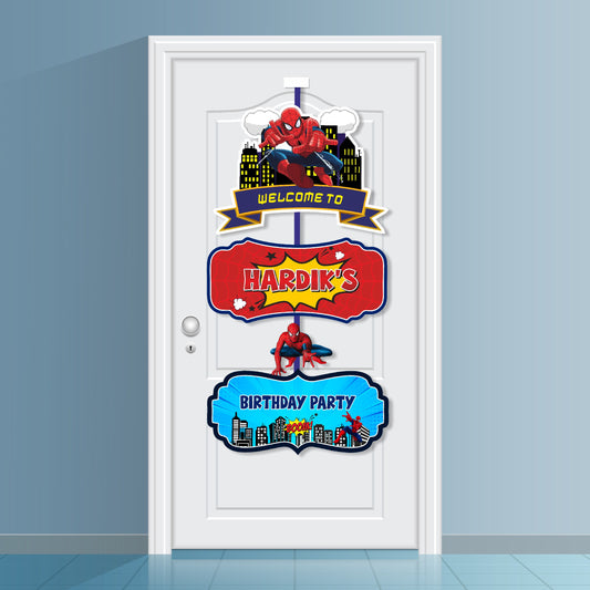 Spider-Man City Door Poster birthday door poster showing stacked welcome, name and birthday panels with character artwork, gallery image 2