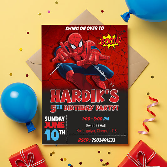 Spider-Man Red Comic Invitations printed birthday invitations showing red character artwork, a city skyline and party information panels, gallery image 2