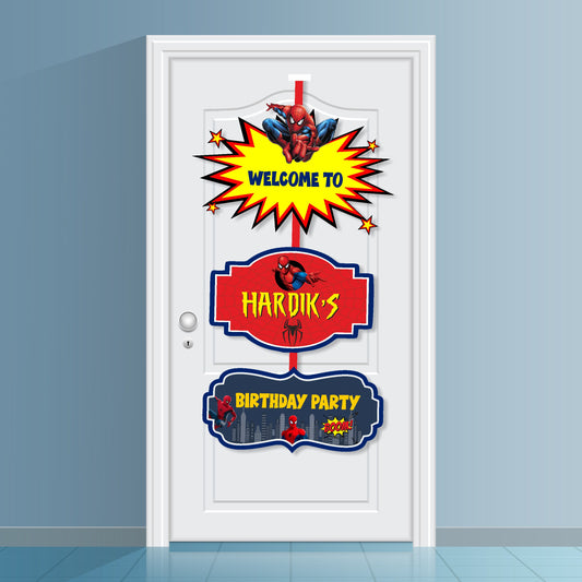 Spider-Man Comic Door Poster birthday door poster showing stacked comic-burst welcome and birthday panels, gallery image 2