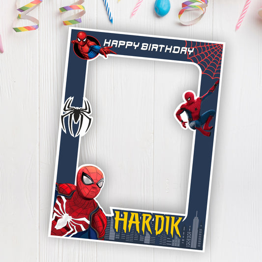 Spider-Man Navy Web Photo Frame birthday photo booth frame showing a navy portrait photo frame with red webs and large character artwork, gallery image 2