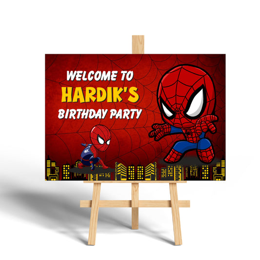 Spider-Man Red Skyline Welcome Board birthday welcome board showing a red landscape welcome panel with a large mask and city silhouette, gallery image 2