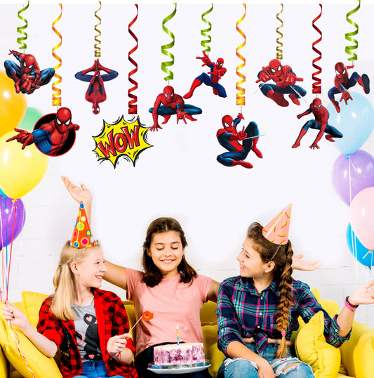 Spider-Man Action Hanging Swirls hanging birthday swirls showing spiral hangers with red-and-blue character poses, gallery image 2
