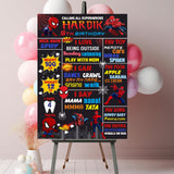 A dark comic milestone board with colourful fact panels and character graphics for a Spider-Man birthday party