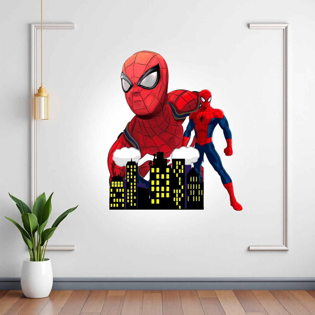 A large hero portrait above a city skyline with a smaller standing figure for a Spider-Man birthday party, BP 01