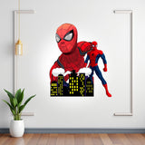 A large hero portrait above a city skyline with a smaller standing figure for a Spider-Man birthday party, BP 01