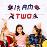 An age-message bunting framed by action characters for a Spider-Man birthday party