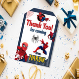 White thank-you gift tags with Spider-Man characters and name lettering for a Spider-Man birthday party