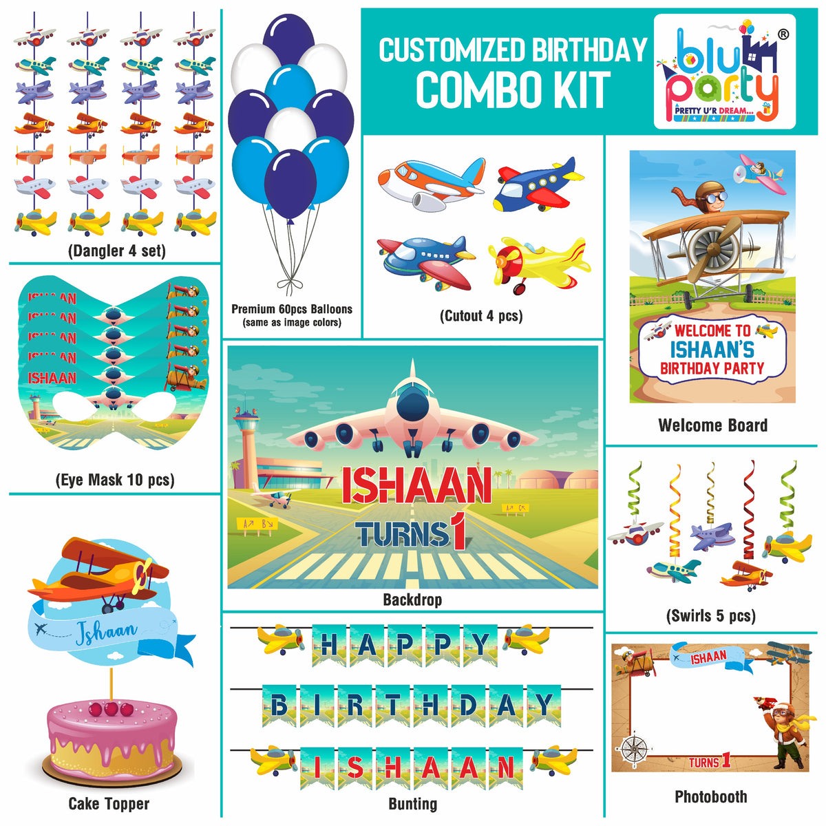 Airplane Birthday Theme Personalized Compact Combo Kit | Kids Party Decoration