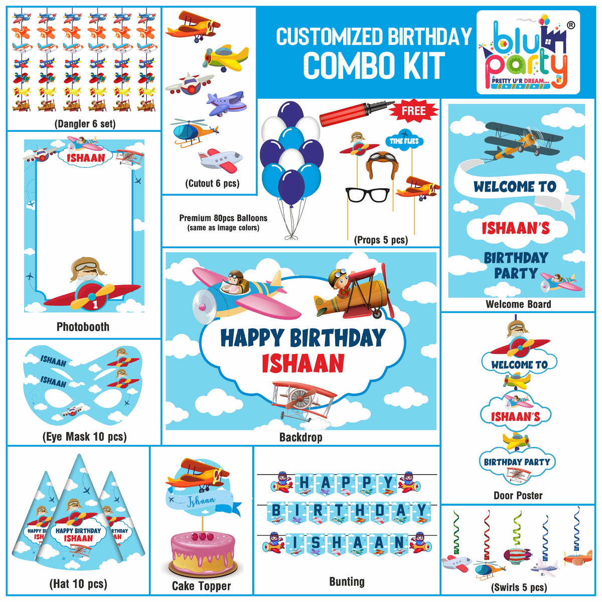 Airplane Birthday Theme Personalized Smart Combo Kit | Kids Party Decoration