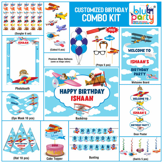 Airplane Birthday Theme Personalized Smart Combo Kit | Kids Party Decoration