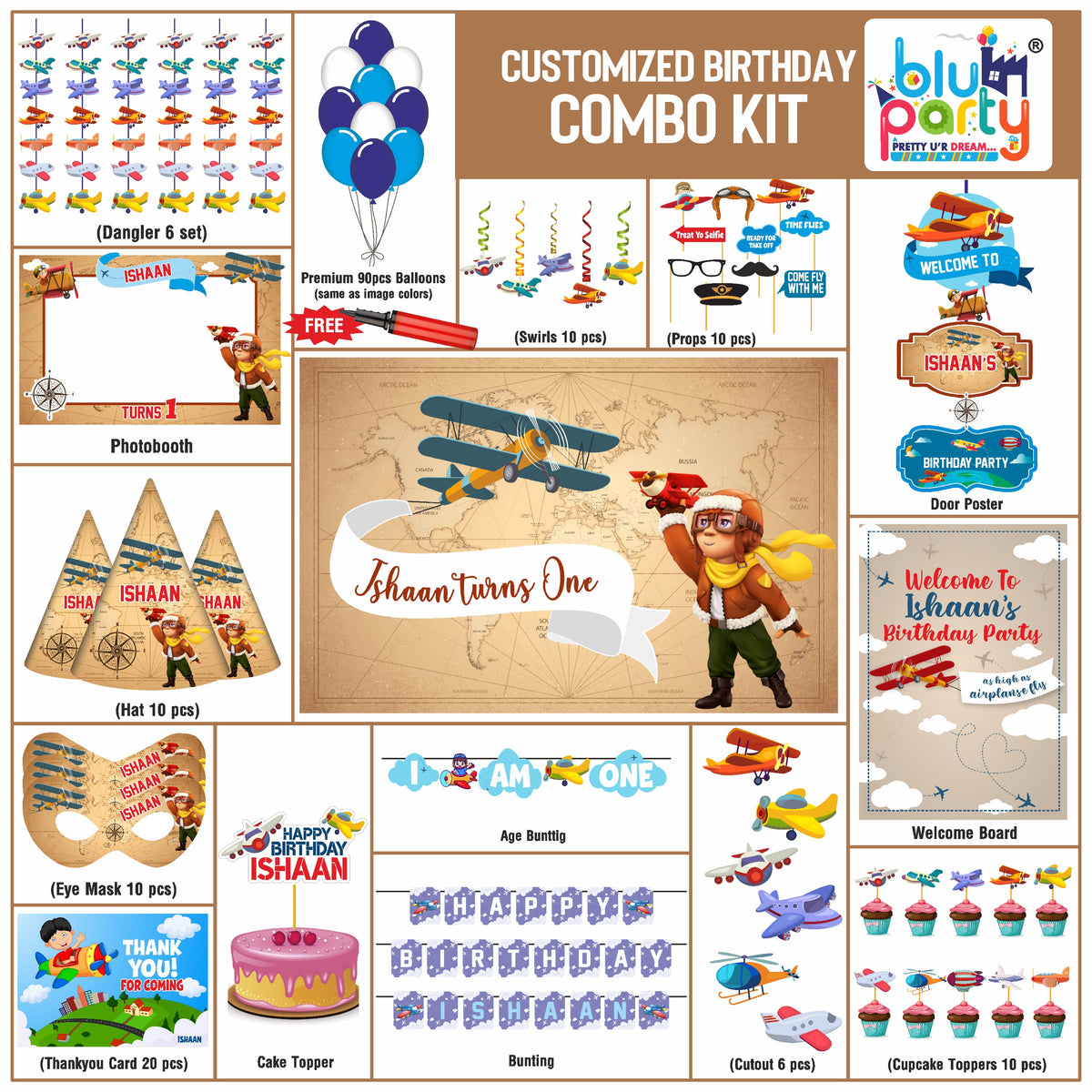 Airplane Birthday Theme Personalized Elite Combo Kit | Kids Party Decoration