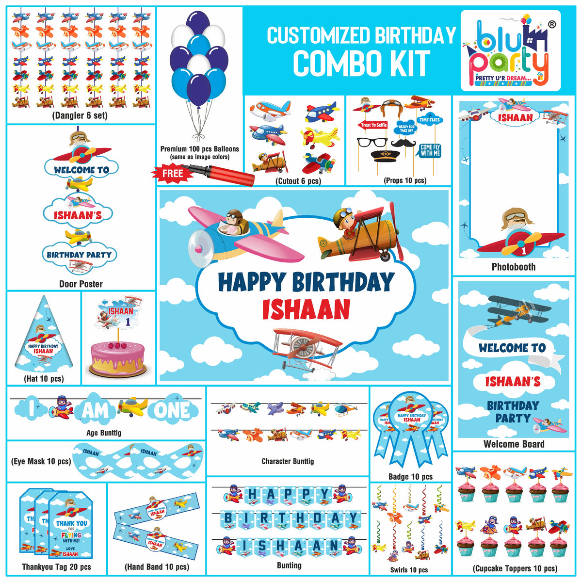 Airplane Birthday Theme Personalized Prime Combo Kit | Kids Party Decoration