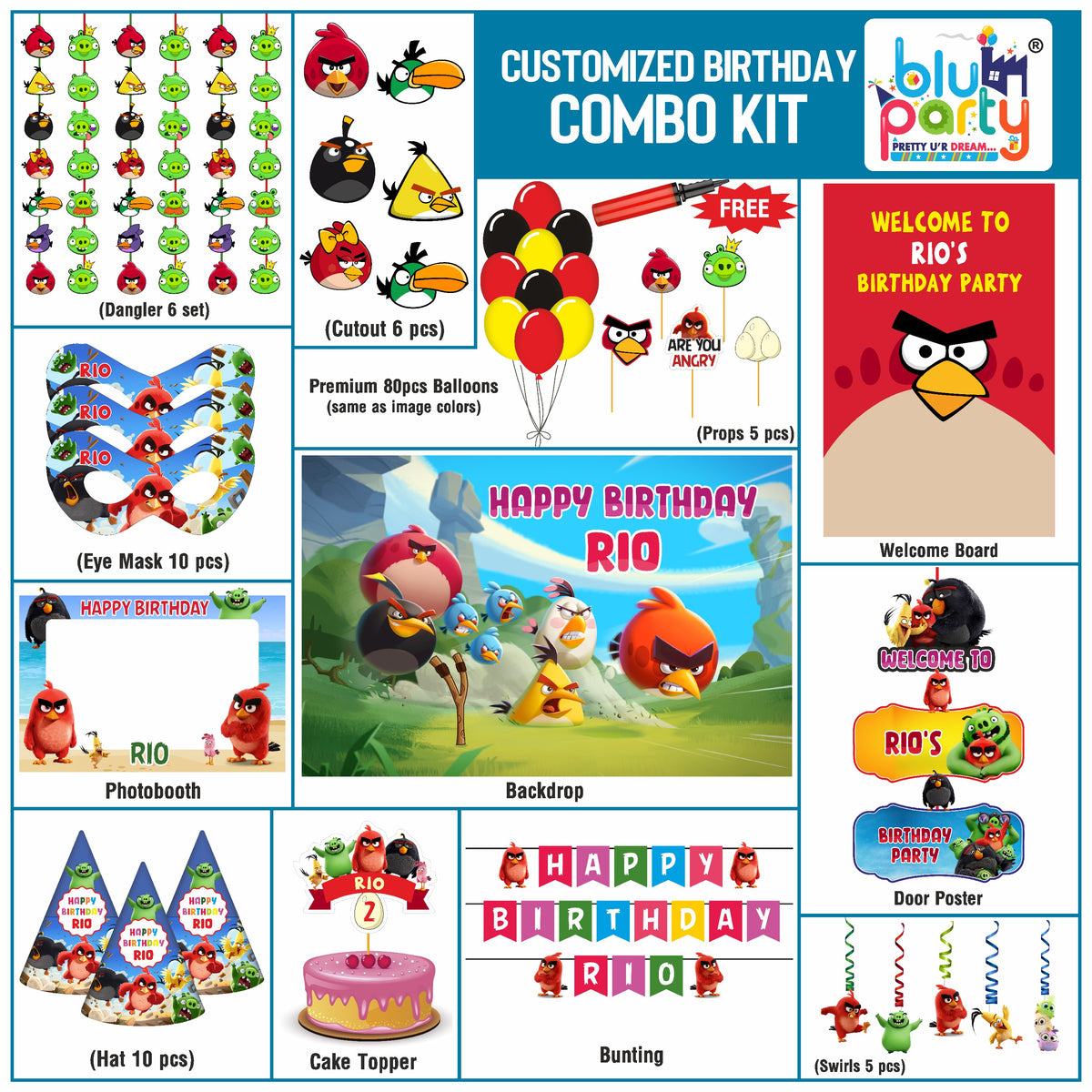 Angry Birds Birthday Theme Personalized Smart Combo Kit | Kids Party Decoration