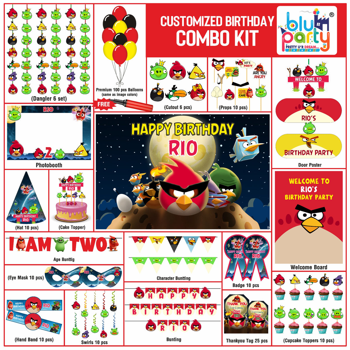 Angry Birds Birthday Theme Personalized Prime Combo Kit | Kids Party Decoration
