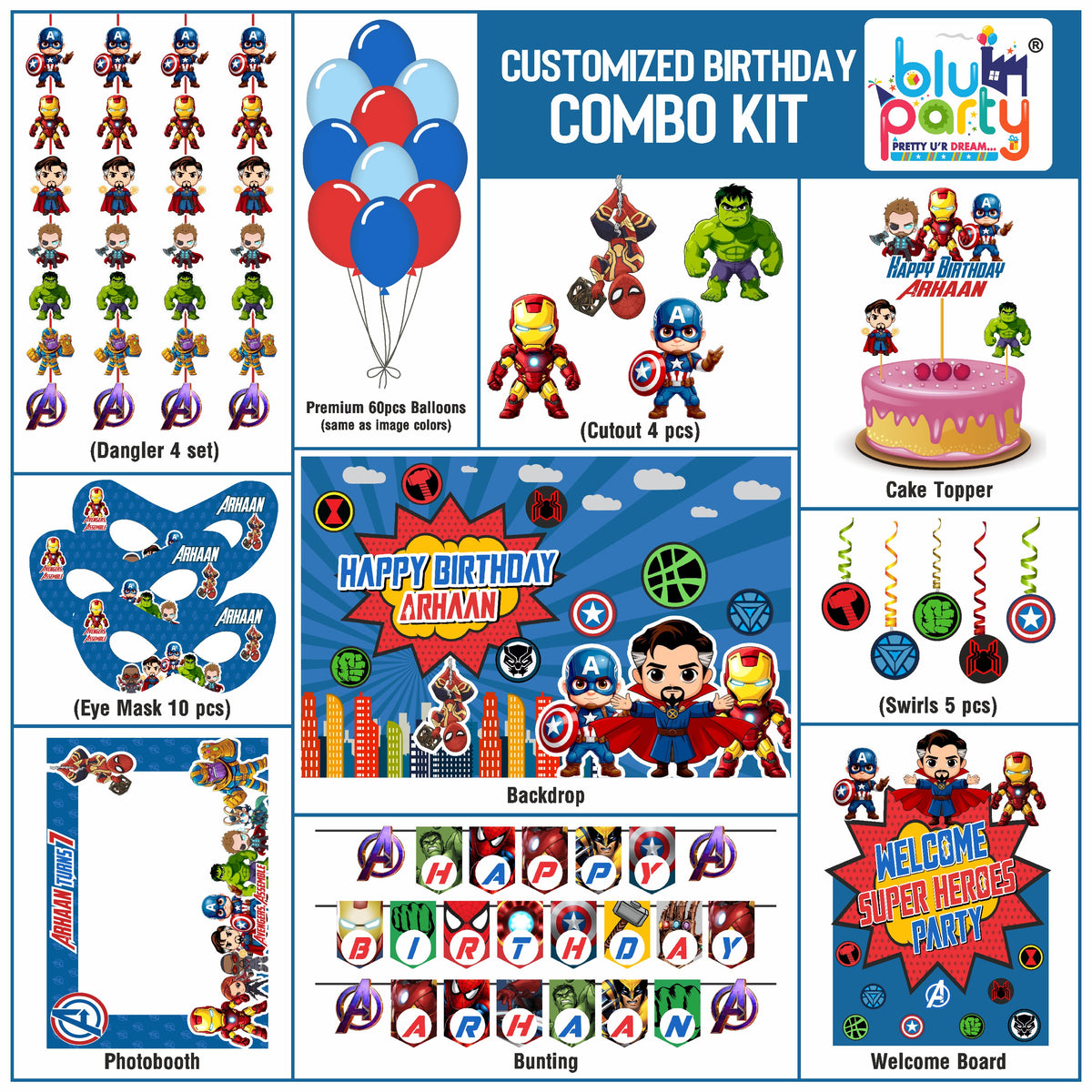 Avengers Birthday Theme Personalized Compact Combo Kit | Kids Party Decoration