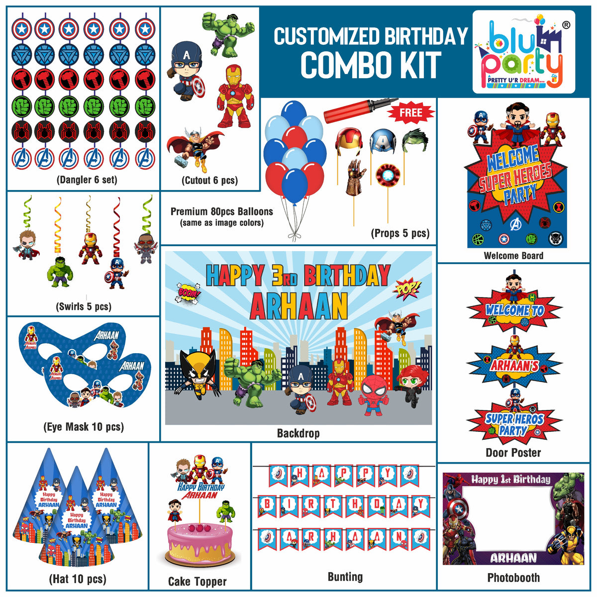 Avengers Birthday Theme Personalized Smart Combo Kit | Kids Party Decoration