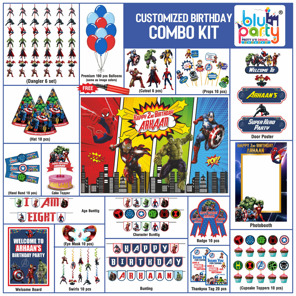 Avengers Birthday Theme Personalized Prime Combo Kit | Kids Party Decoration