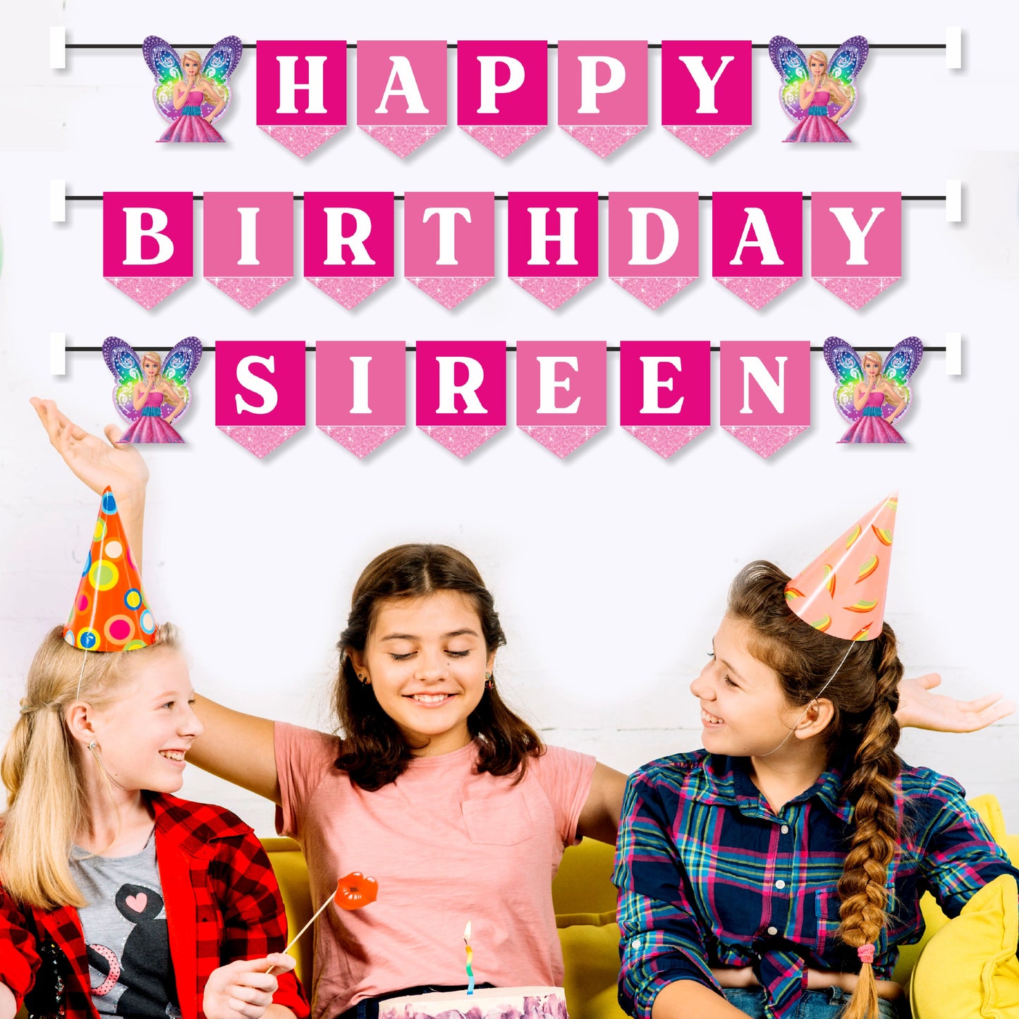 Customized Barbie Birthday Theme Name Bunting for Girls Birthday Party Decoration