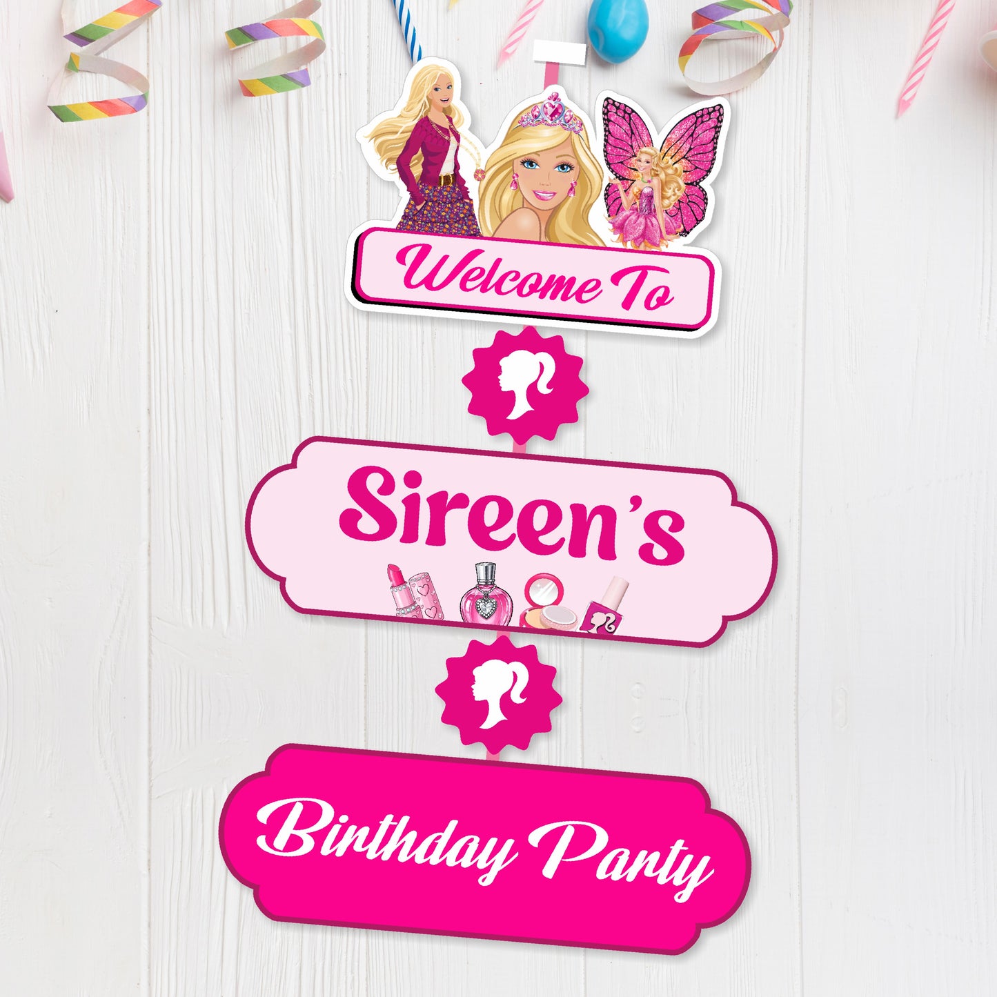 Customized Barbie birthday theme welcome banner and door poster for girls theme party decoration supplies in India.