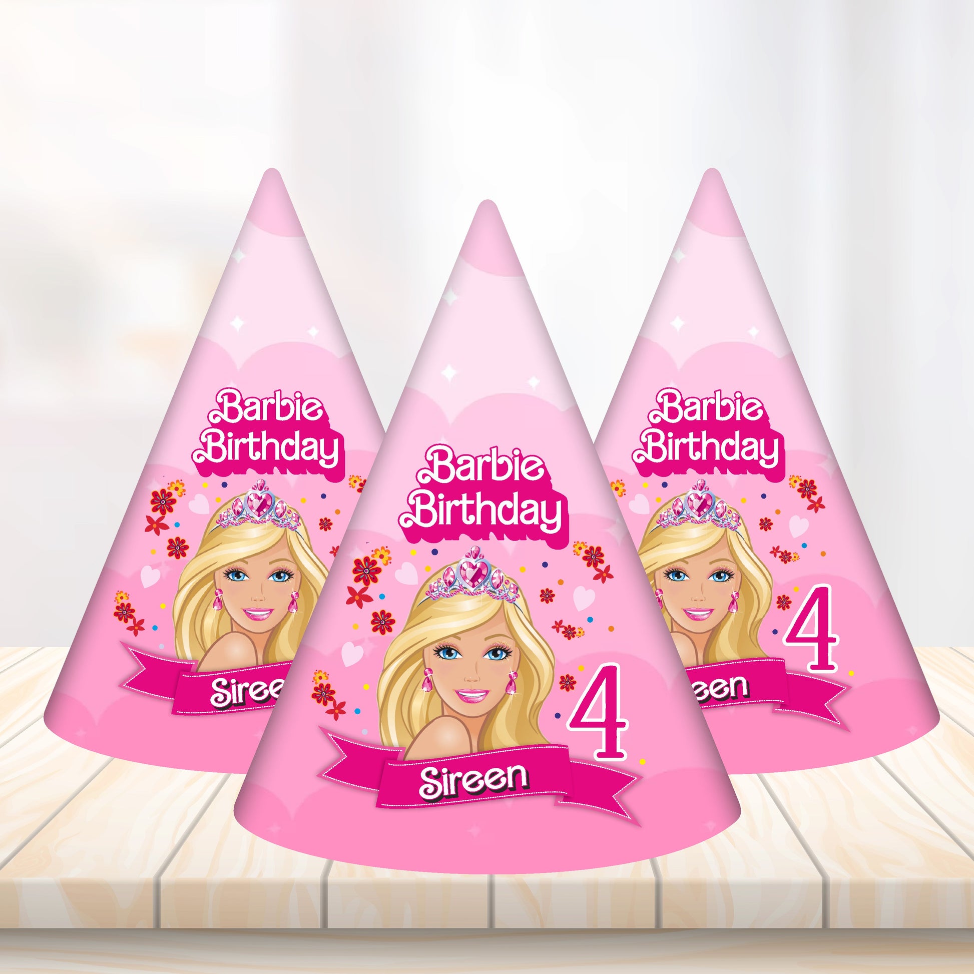 Customized Barbie Birthday Theme Classic Party Hat for Girls Birthday Party Celebration and Photo Props