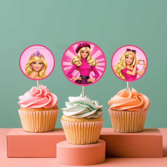 Customized Barbie Birthday Theme Cupcake Topper for Girls Birthday Party Dessert Decoration