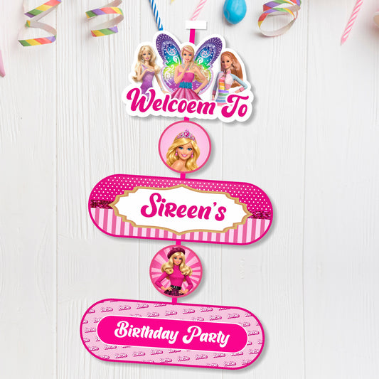 Customized Barbie birthday welcome banner and door poster for girls theme party decoration supplies in India.